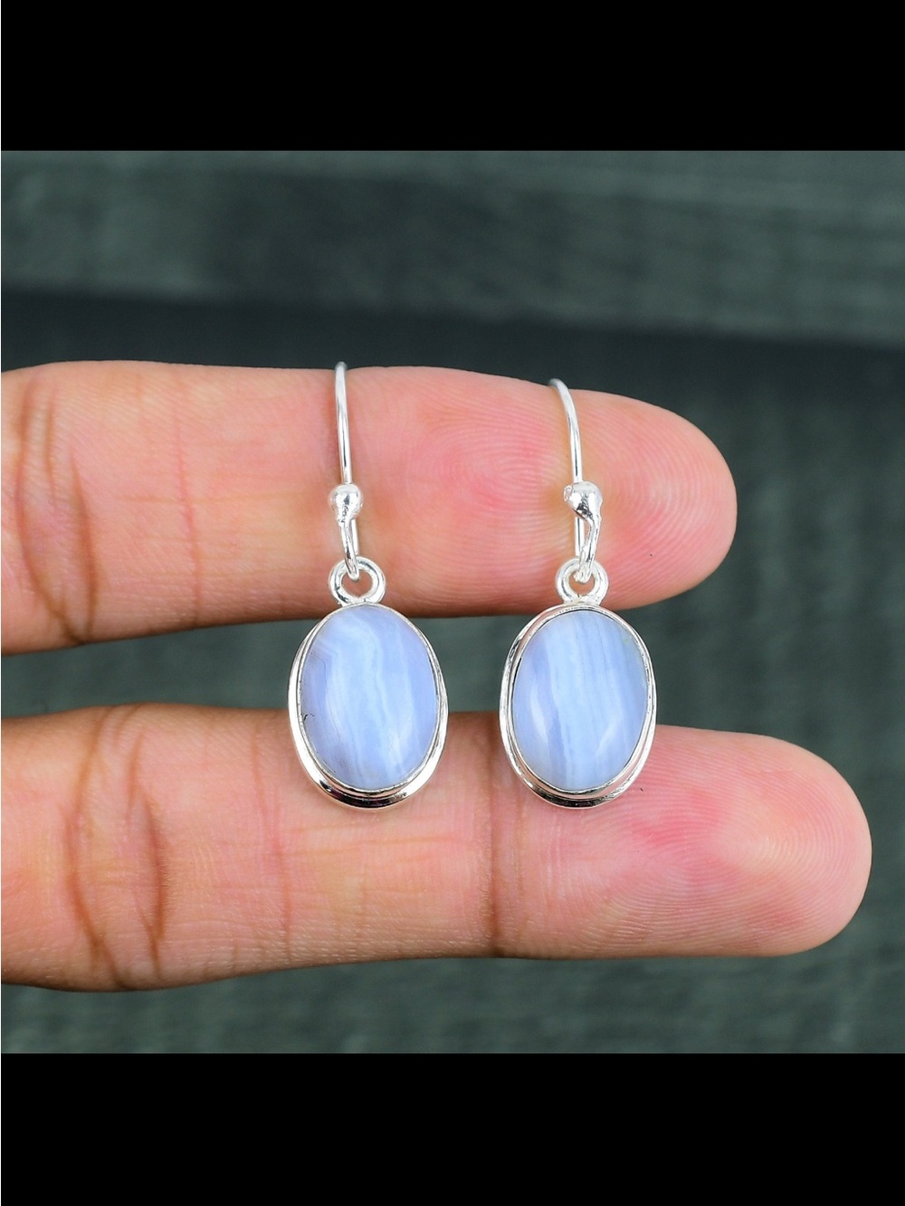 Blue Lace Agate Oval Drop Earrings - Sterling Silver
